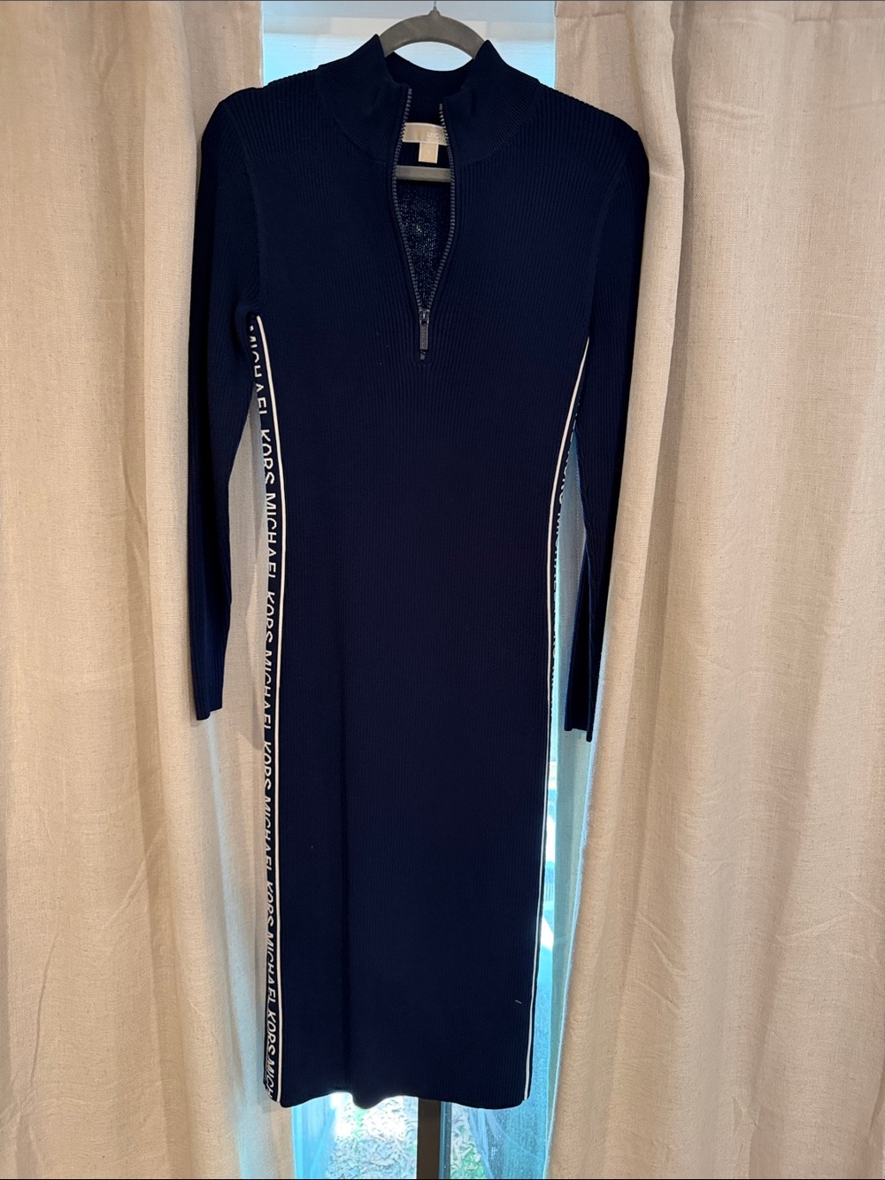 Michael Kors Navy Long-Sleeve Zip Knit Midi Dress with Logo Side Tape